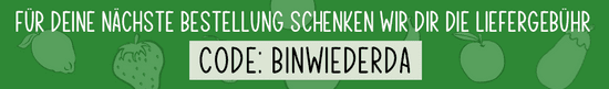 KI generiert: Das Bild bietet einen Rabattcode ("BINWIEDERDA") für kostenlose Liefergebühren bei der nächsten Bestellung an. Der Hintergrund ist grün mit Illustrationen von Obst und Gemüse.