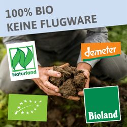 KI generiert: Das Bild zeigt Hände, die eine Erdscholle halten, umgeben von Logos von Bio-Verbänden wie Naturland, Demeter und Bioland. Darüber hinaus wird mit dem Text "100% BIO KEINE FLUGWARE" auf biologische und regional produzierte Produkte hingewiesen.