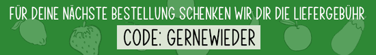 KI generiert: Das Bild ist ein Gutschein, der anbietet, bei der nächsten Bestellung die Liefergebühr zu erlassen, mit dem Code "GERNEWIEDER". Der Hintergrund ist grün mit kleinen Obst- und Gemüseillustrationen.