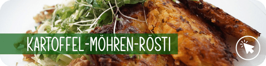 KI generiert: Das Bild zeigt ein Gericht namens "Kartoffel-Möhren-Rösti", das aus knusprig gebratenen Rösti mit Kartoffeln und Möhren besteht. Im Hintergrund sind grüne Kräuter oder Sprossen zur Dekoration zu sehen.