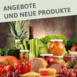 KI generiert: Das Bild zeigt eine Auswahl an frischen Lebensmitteln, darunter Gemüse, Obst, Brot und Käse, auf einem Tisch. Im oberen Teil steht der Text "ANGEBOTE UND NEUE PRODUKTE".