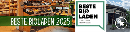 KI generiert: Das Bild zeigt einen Bio-Laden mit Regalen voller Produkte, beworben als "Beste Bioläden 2025" im Rahmen einer Leserwahl von "Schrot & Korn". Links sieht man den Innenraum eines Ladens, rechts ein Auszeichnungsicon und einen Eingangsbereich.