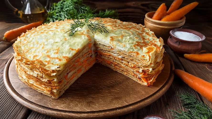 Rezeptbild für Crêpes-Torte mit Spitzkohl-Möhrenfüllung