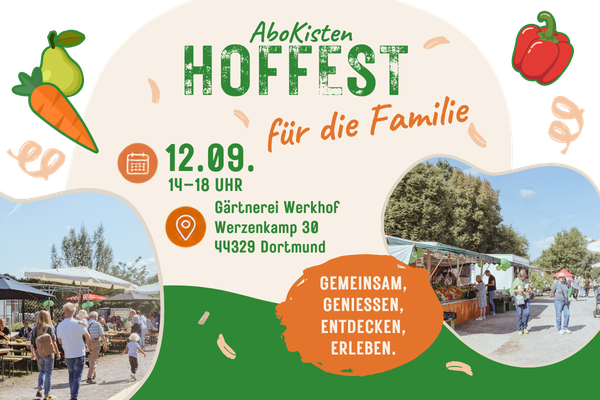 KI generiert: Hoffest-Poster: Informationen zu einem Fest am 12.09. in Dortmund, mit Essen und Aktivitäten für die Familie.