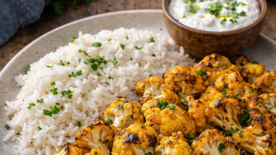 Rezeptbild für Gebackener Blumenkohl mit Joghurt Dip und Reis