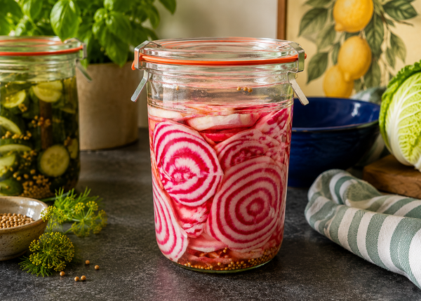 KI generiert: Ein Glas mit eingelegtem Gemüse, darunter rot-weiße Rote Bete und Gurken.