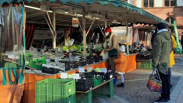 KI generiert: Menschen kaufen an einem Marktstand frisches Obst und Gemüse ein. Im Hintergrund steht "DIEBADISCH".