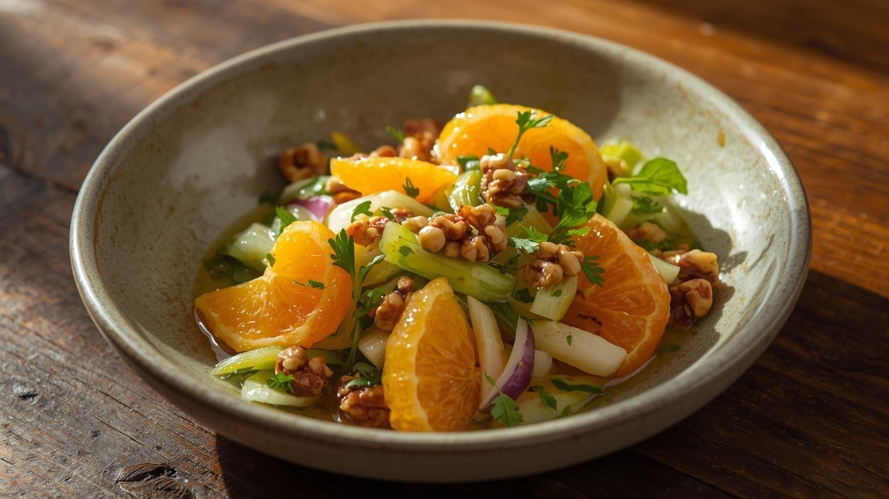 Rezeptbild für Porreegemüse mit Orangenfilets und Walnuss