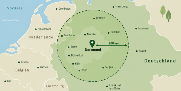 KI generiert: Karte mit Dortmund als zentralem Punkt in Deutschland und Umgebung.