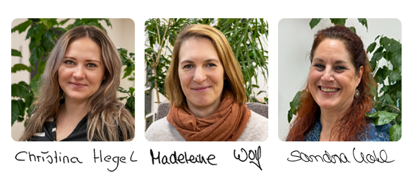 KI generiert: Drei Frauenporträts vor Pflanzen. Text: Christina Hegel, Madeleine Wolf, Sandra Wolf.
