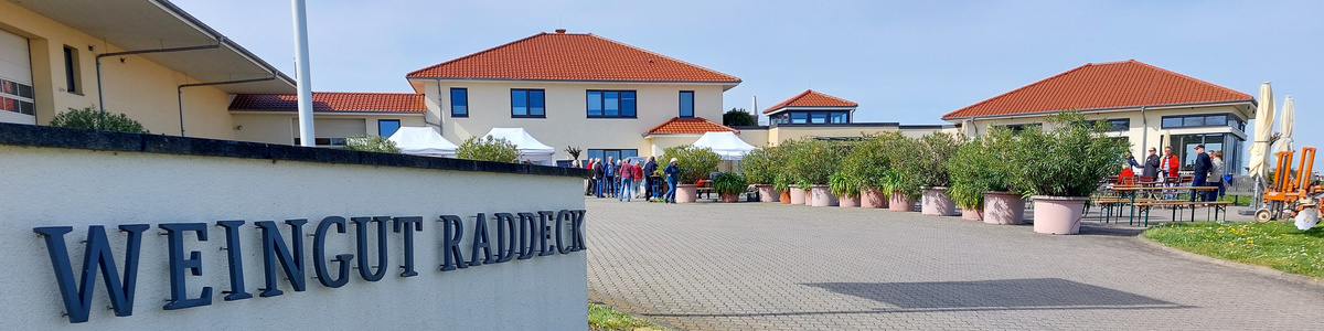 KI generiert: Weingut mit Gebäuden und Menschen im Hof. Text: "WEINGUT RADDECK".