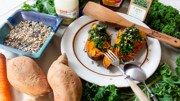 Süßkartoffeln mit Grünkohl-Krönchen