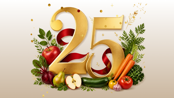 KI generiert: Goldene "25" umrahmt von Obst und Gemüse, darunter Äpfel, Birnen, Karotten und Tomaten.