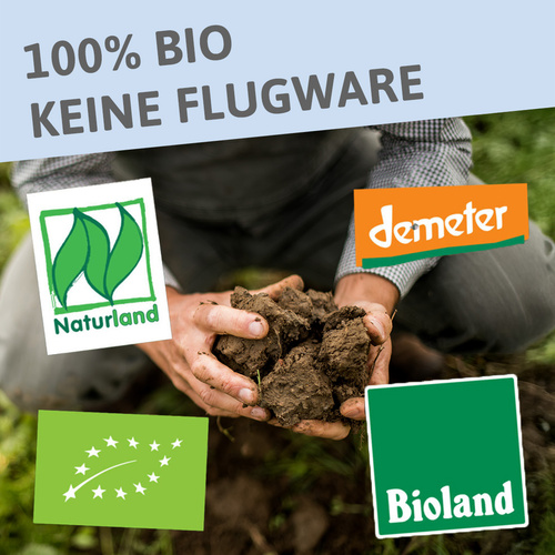 KI generiert: Das Bild zeigt Hände, die eine Erdscholle halten, umgeben von Logos von Bio-Verbänden wie Naturland, Demeter und Bioland. Darüber hinaus wird mit dem Text "100% BIO KEINE FLUGWARE" auf biologische und regional produzierte Produkte hingewiesen.