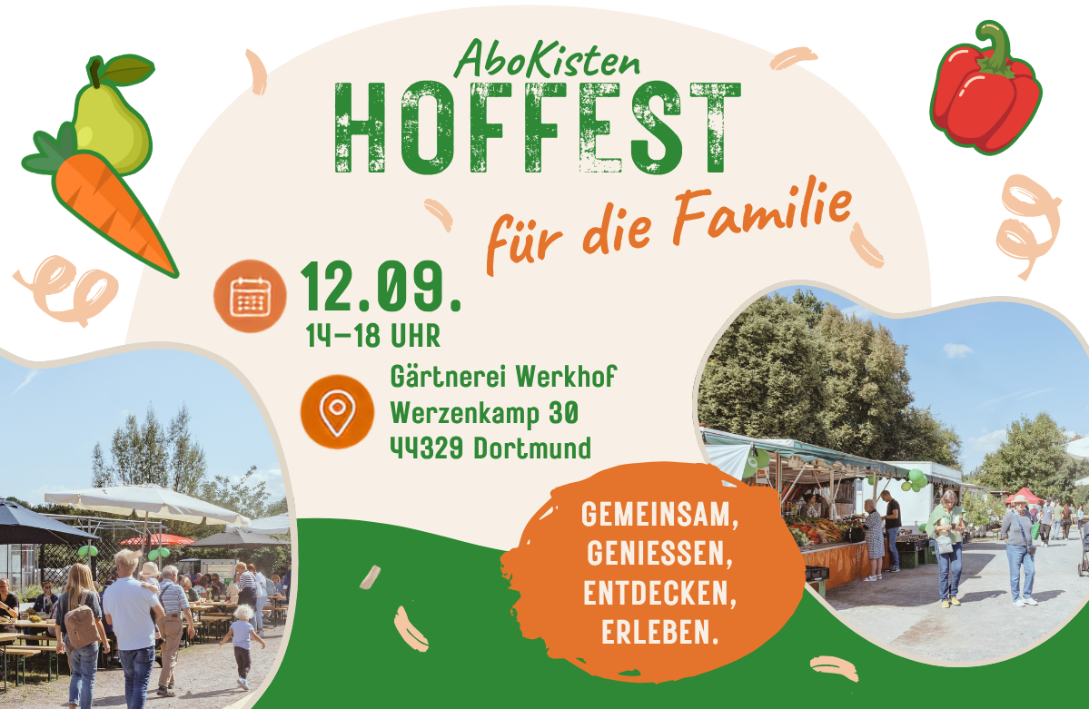 KI generiert: Einladung zum Hoffest am 12.09. von 14-18 Uhr in der Gärtnerei Werkhof, Dortmund.