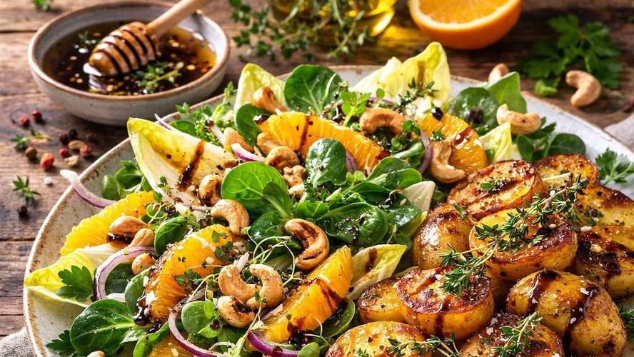 Rezeptbild für Kartoffeln geröstet mit Chicorée & Feldsalat an Honig-Balsamico Dressing