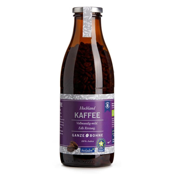 Produktfoto zu Hochlandkaffee ganze Bohne bioladen Mehrwegflasche
