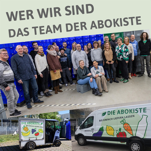KI generiert: Das Bild zeigt das Team der "Abokiste" vor einer Wand mit blauen Kisten, sowie ihre Lieferfahrzeuge mit dem Logo "Die Abokiste – Bio einfach liefern lassen". Der Hauptinhalt des Bildes ist die Präsentation des Teams und ihrer Transportmittel.