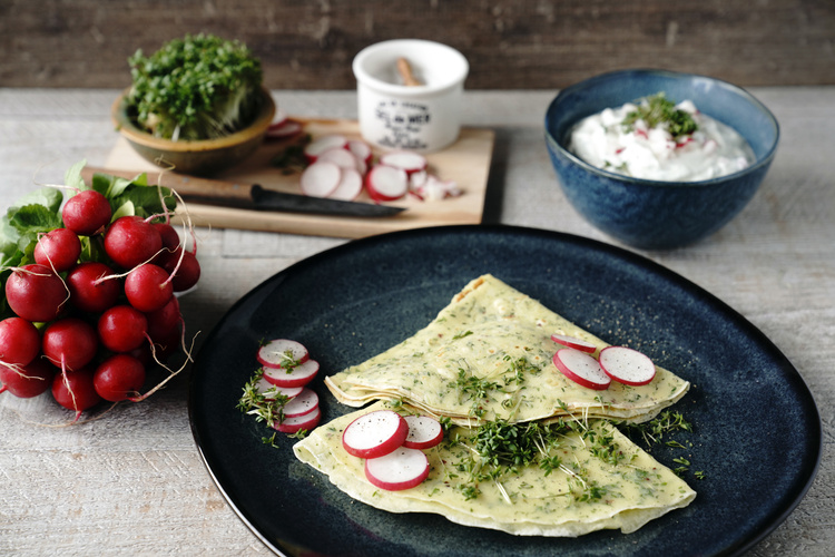 Rezeptbild für Kresse Pfannkuchen mit Dip
