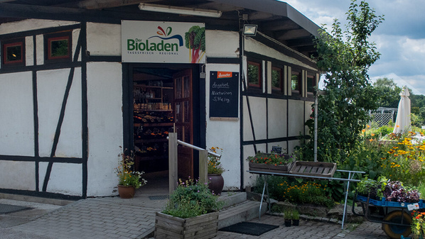 KI generiert: Ein Bioladen-Eingang mit Fachwerk, umgeben von Pflanzen. Text: „Angebot Melonen 3€/kg“.