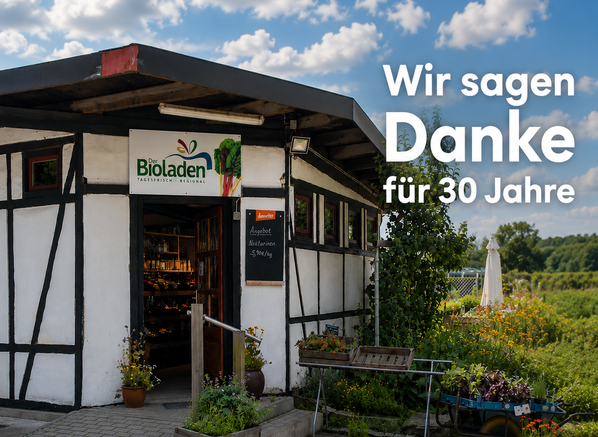KI generiert: Ein Bioladen feiert 30 Jahre Jubiläum. Text: "Wir sagen Danke für 30 Jahre".