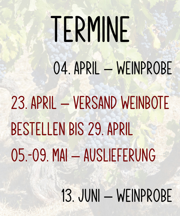 KI generiert: Termine für Weinproben und Versandservices auf hellem Hintergrund mit Trauben.