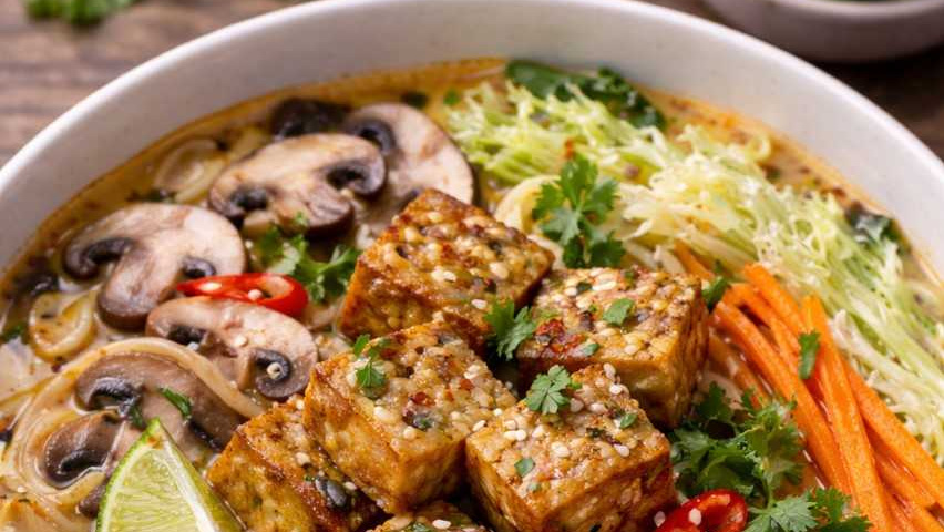 Rezeptbild für Thai-Ramen mit Pilzen und knusprigem Tofu