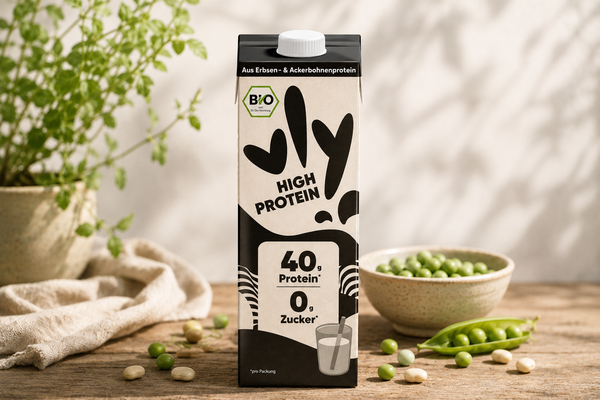 KI generiert: Ein Pflanzendrink mit Erbsenprotein, "40g Protein", "0g Zucker". Beiliegende Erbsen und Bohnen als Deko.